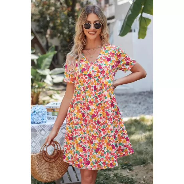 imagePRETTYGARDEN Summer Dress for Women 2023 Short Sleeve V Neck Ruffle Floral Swing ALine Short DressesWhite Red Floral