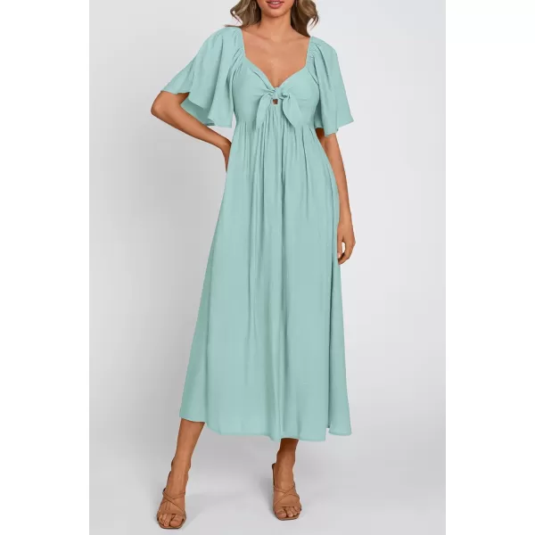 imagePRETTYGARDEN Summer Dress for Women 2024 Casual Short Sleeve Bow Tie V Neck Ruffle Midi Flowy DressesAqua Green