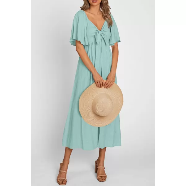 imagePRETTYGARDEN Summer Dress for Women 2024 Casual Short Sleeve Bow Tie V Neck Ruffle Midi Flowy DressesAqua Green