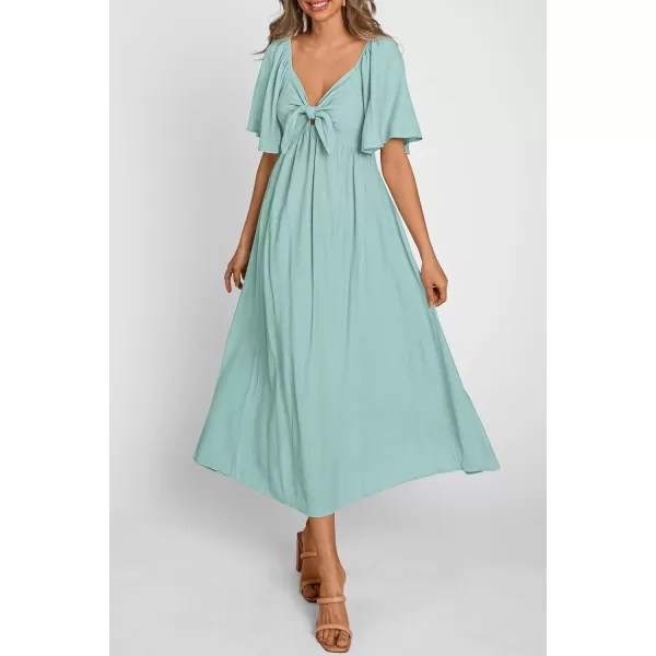 imagePRETTYGARDEN Summer Dress for Women 2024 Casual Short Sleeve Bow Tie V Neck Ruffle Midi Flowy DressesAqua Green