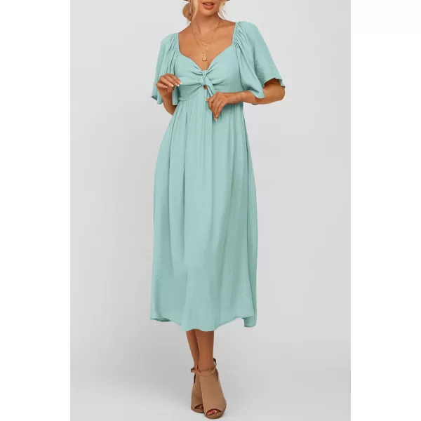 imagePRETTYGARDEN Summer Dress for Women 2024 Casual Short Sleeve Bow Tie V Neck Ruffle Midi Flowy DressesAqua Green