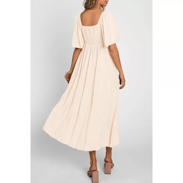 imagePRETTYGARDEN Summer Dress for Women 2024 Casual Short Sleeve Bow Tie V Neck Ruffle Midi Flowy DressesBeige