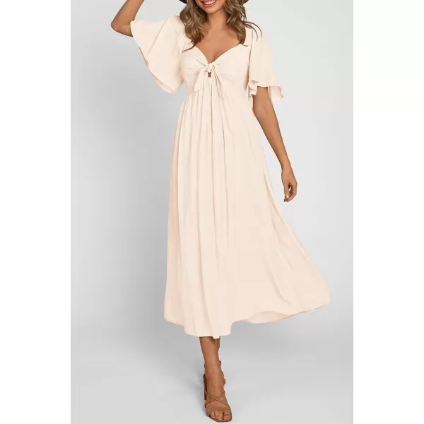 imagePRETTYGARDEN Summer Dress for Women 2024 Casual Short Sleeve Bow Tie V Neck Ruffle Midi Flowy DressesBeige