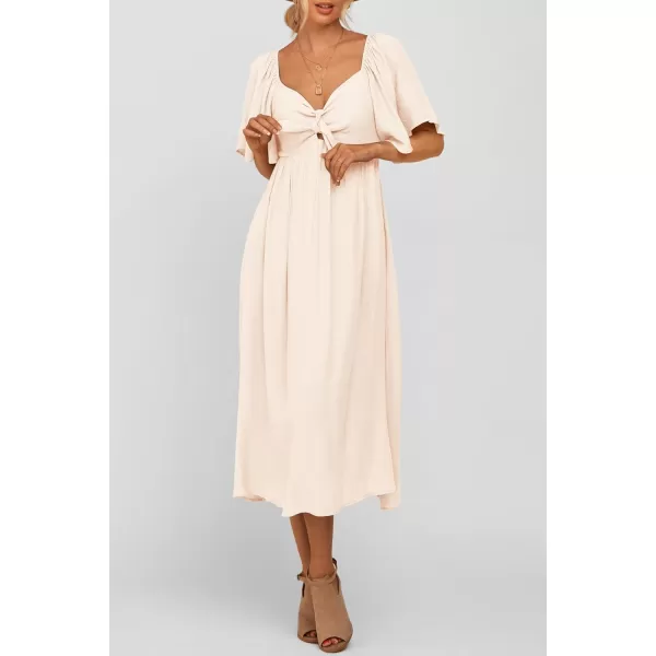 imagePRETTYGARDEN Summer Dress for Women 2024 Casual Short Sleeve Bow Tie V Neck Ruffle Midi Flowy DressesBeige