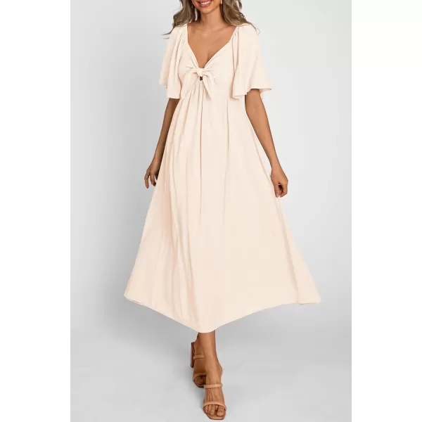 imagePRETTYGARDEN Summer Dress for Women 2024 Casual Short Sleeve Bow Tie V Neck Ruffle Midi Flowy DressesBeige