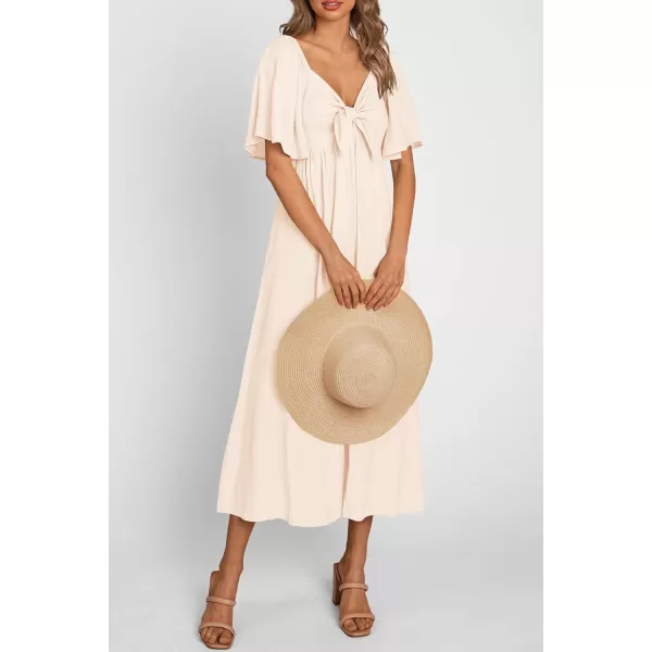 imagePRETTYGARDEN Summer Dress for Women 2024 Casual Short Sleeve Bow Tie V Neck Ruffle Midi Flowy DressesBeige