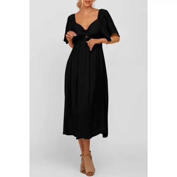 imagePRETTYGARDEN Summer Dress for Women 2024 Casual Short Sleeve Bow Tie V Neck Ruffle Midi Flowy DressesBlack