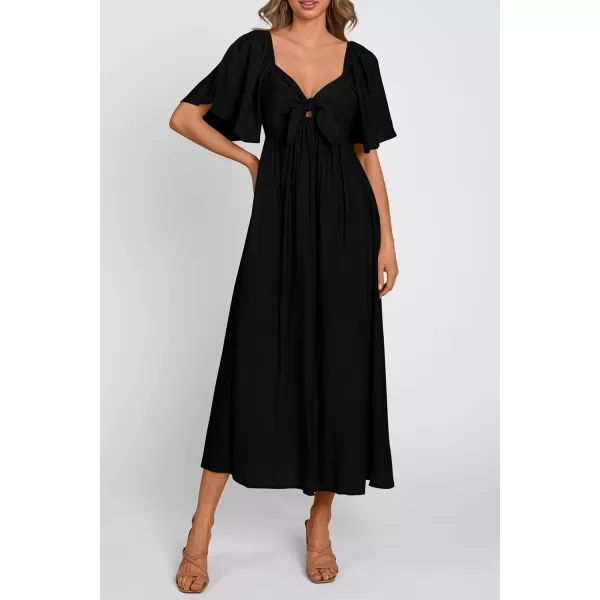 imagePRETTYGARDEN Summer Dress for Women 2024 Casual Short Sleeve Bow Tie V Neck Ruffle Midi Flowy DressesBlack