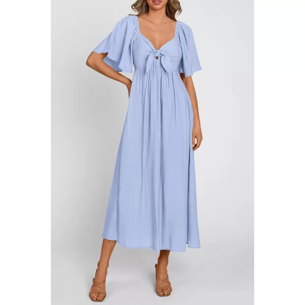imagePRETTYGARDEN Summer Dress for Women 2024 Casual Short Sleeve Bow Tie V Neck Ruffle Midi Flowy DressesLight Blue