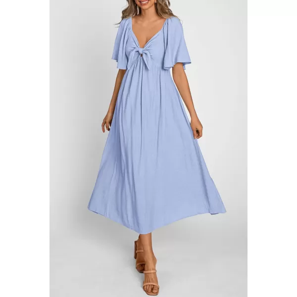 imagePRETTYGARDEN Summer Dress for Women 2024 Casual Short Sleeve Bow Tie V Neck Ruffle Midi Flowy DressesLight Blue