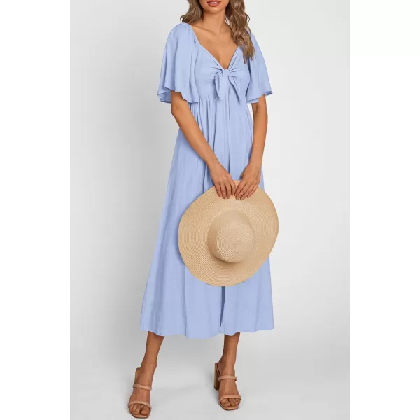 imagePRETTYGARDEN Summer Dress for Women 2024 Casual Short Sleeve Bow Tie V Neck Ruffle Midi Flowy DressesLight Blue