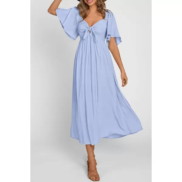 imagePRETTYGARDEN Summer Dress for Women 2024 Casual Short Sleeve Bow Tie V Neck Ruffle Midi Flowy DressesLight Blue