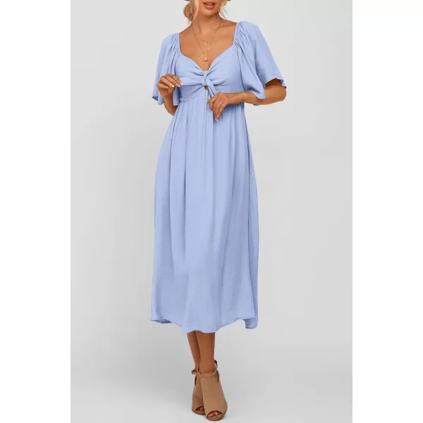 imagePRETTYGARDEN Summer Dress for Women 2024 Casual Short Sleeve Bow Tie V Neck Ruffle Midi Flowy DressesLight Blue