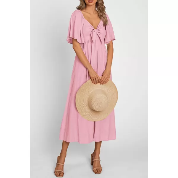 imagePRETTYGARDEN Summer Dress for Women 2024 Casual Short Sleeve Bow Tie V Neck Ruffle Midi Flowy DressesLight Pink
