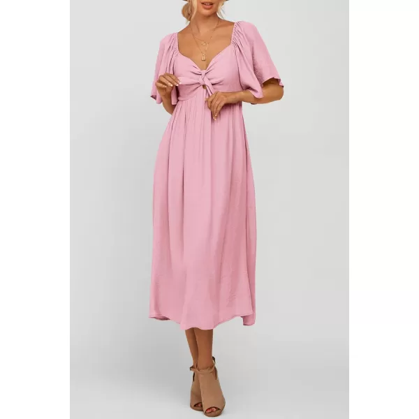 imagePRETTYGARDEN Summer Dress for Women 2024 Casual Short Sleeve Bow Tie V Neck Ruffle Midi Flowy DressesLight Pink