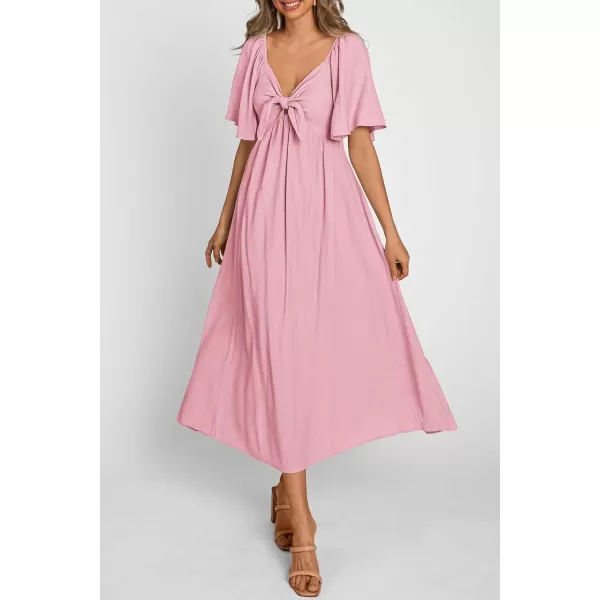 imagePRETTYGARDEN Summer Dress for Women 2024 Casual Short Sleeve Bow Tie V Neck Ruffle Midi Flowy DressesLight Pink