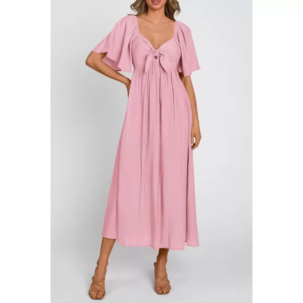 imagePRETTYGARDEN Summer Dress for Women 2024 Casual Short Sleeve Bow Tie V Neck Ruffle Midi Flowy DressesLight Pink