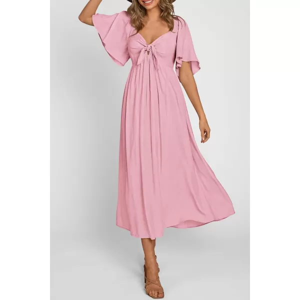 imagePRETTYGARDEN Summer Dress for Women 2024 Casual Short Sleeve Bow Tie V Neck Ruffle Midi Flowy DressesLight Pink