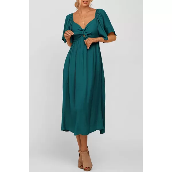 imagePRETTYGARDEN Summer Dress for Women 2024 Casual Short Sleeve Bow Tie V Neck Ruffle Midi Flowy DressesMalachite Green