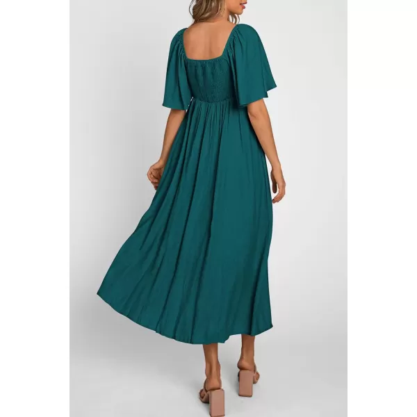 imagePRETTYGARDEN Summer Dress for Women 2024 Casual Short Sleeve Bow Tie V Neck Ruffle Midi Flowy DressesMalachite Green