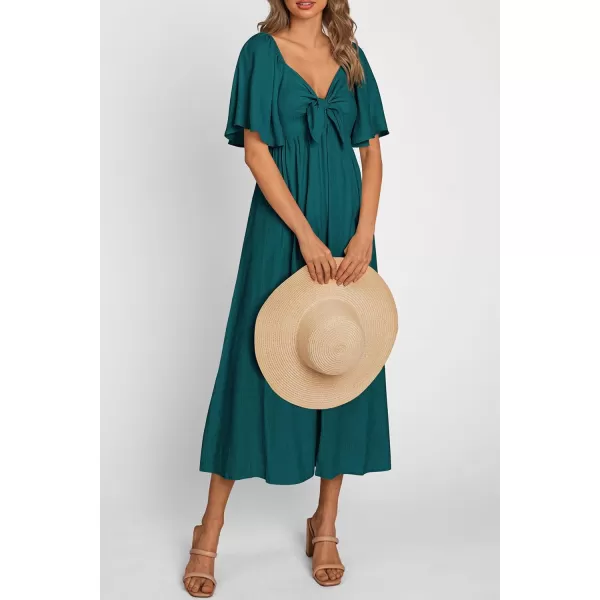 imagePRETTYGARDEN Summer Dress for Women 2024 Casual Short Sleeve Bow Tie V Neck Ruffle Midi Flowy DressesMalachite Green