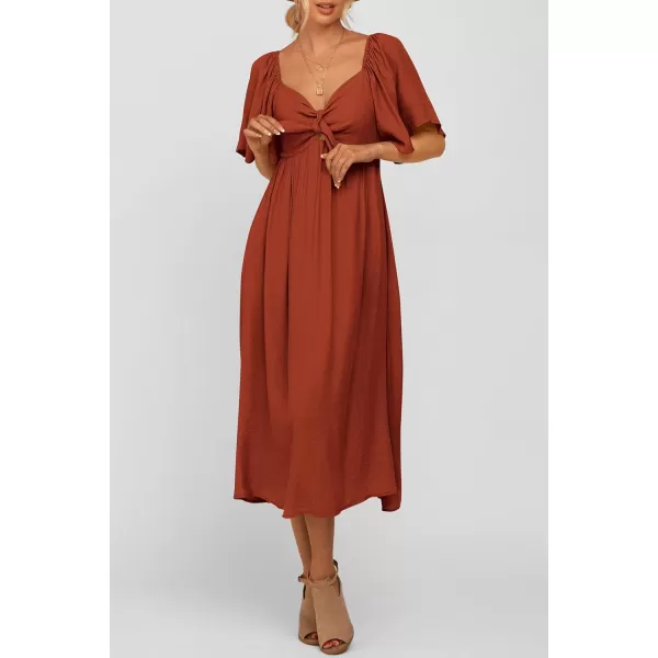 imagePRETTYGARDEN Summer Dress for Women 2024 Casual Short Sleeve Bow Tie V Neck Ruffle Midi Flowy DressesRust Red