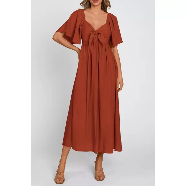 imagePRETTYGARDEN Summer Dress for Women 2024 Casual Short Sleeve Bow Tie V Neck Ruffle Midi Flowy DressesRust Red