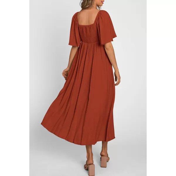 imagePRETTYGARDEN Summer Dress for Women 2024 Casual Short Sleeve Bow Tie V Neck Ruffle Midi Flowy DressesRust Red