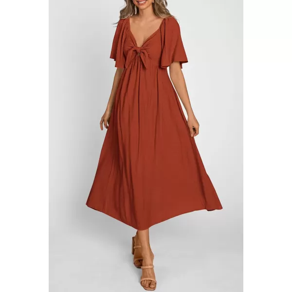 imagePRETTYGARDEN Summer Dress for Women 2024 Casual Short Sleeve Bow Tie V Neck Ruffle Midi Flowy DressesRust Red