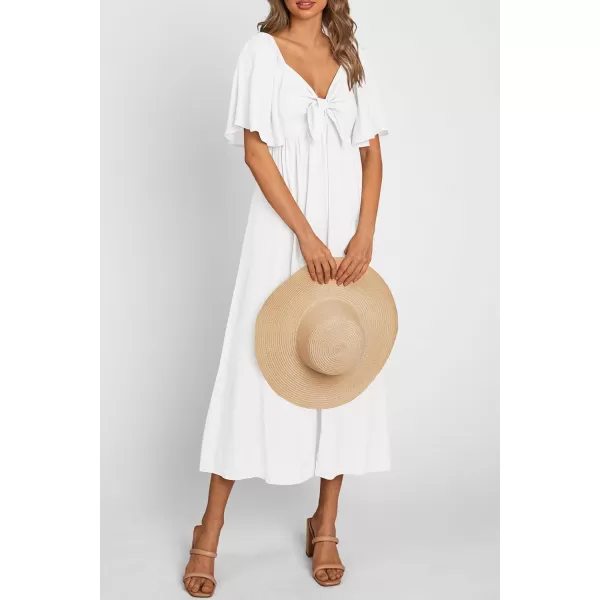 imagePRETTYGARDEN Summer Dress for Women 2024 Casual Short Sleeve Bow Tie V Neck Ruffle Midi Flowy DressesWhite