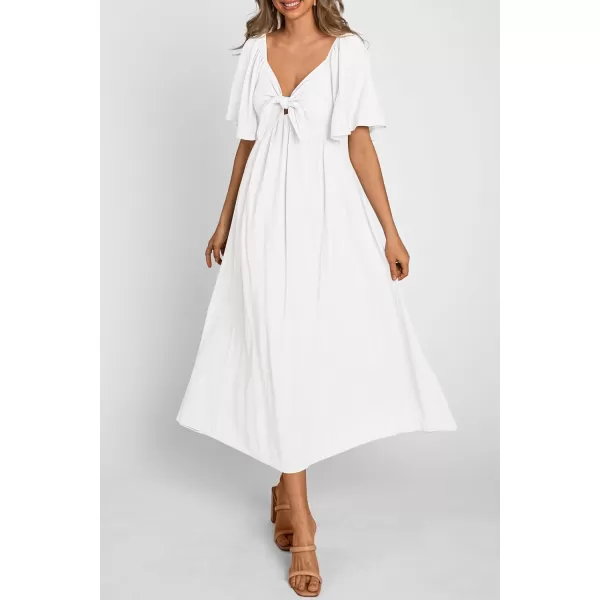 imagePRETTYGARDEN Summer Dress for Women 2024 Casual Short Sleeve Bow Tie V Neck Ruffle Midi Flowy DressesWhite