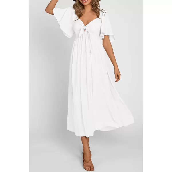 imagePRETTYGARDEN Summer Dress for Women 2024 Casual Short Sleeve Bow Tie V Neck Ruffle Midi Flowy DressesWhite