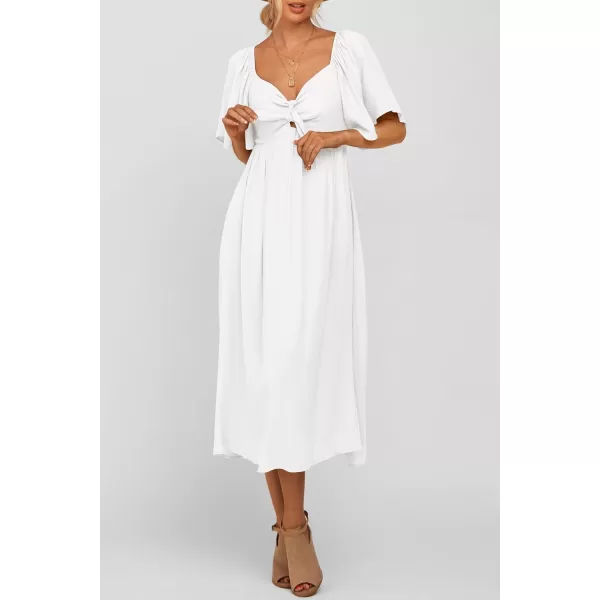 imagePRETTYGARDEN Summer Dress for Women 2024 Casual Short Sleeve Bow Tie V Neck Ruffle Midi Flowy DressesWhite