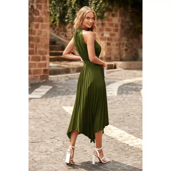 imagePRETTYGARDEN Summer Dress for Women Elegant Halter Neck Cut Out Irregular Hem Pleated Midi ALine Flowy DressesArmy Green