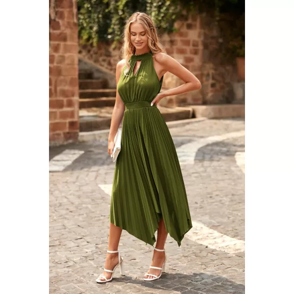 imagePRETTYGARDEN Summer Dress for Women Elegant Halter Neck Cut Out Irregular Hem Pleated Midi ALine Flowy DressesArmy Green