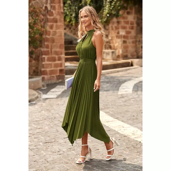 imagePRETTYGARDEN Summer Dress for Women Elegant Halter Neck Cut Out Irregular Hem Pleated Midi ALine Flowy DressesArmy Green