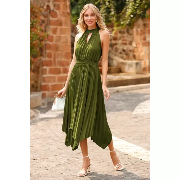 imagePRETTYGARDEN Summer Dress for Women Elegant Halter Neck Cut Out Irregular Hem Pleated Midi ALine Flowy DressesArmy Green