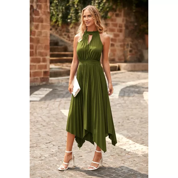 imagePRETTYGARDEN Summer Dress for Women Elegant Halter Neck Cut Out Irregular Hem Pleated Midi ALine Flowy DressesArmy Green