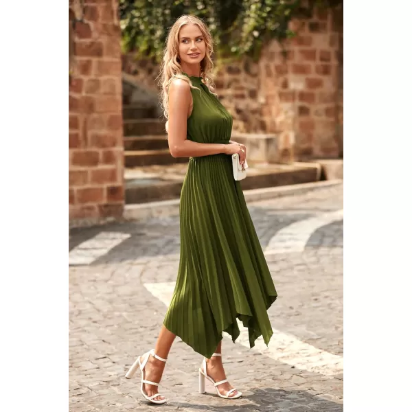 imagePRETTYGARDEN Summer Dress for Women Elegant Halter Neck Cut Out Irregular Hem Pleated Midi ALine Flowy DressesArmy Green