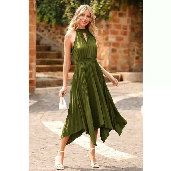 imagePRETTYGARDEN Summer Dress for Women Elegant Halter Neck Cut Out Irregular Hem Pleated Midi ALine Flowy DressesArmy Green