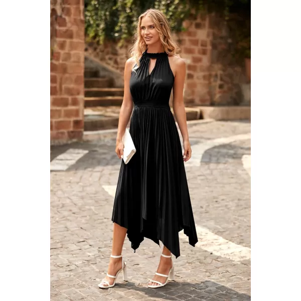 imagePRETTYGARDEN Summer Dress for Women Elegant Halter Neck Cut Out Irregular Hem Pleated Midi ALine Flowy DressesBlack