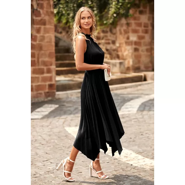 imagePRETTYGARDEN Summer Dress for Women Elegant Halter Neck Cut Out Irregular Hem Pleated Midi ALine Flowy DressesBlack