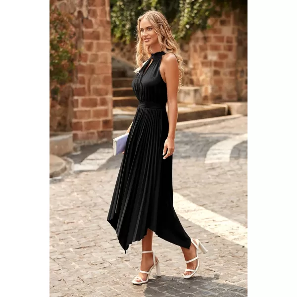 imagePRETTYGARDEN Summer Dress for Women Elegant Halter Neck Cut Out Irregular Hem Pleated Midi ALine Flowy DressesBlack