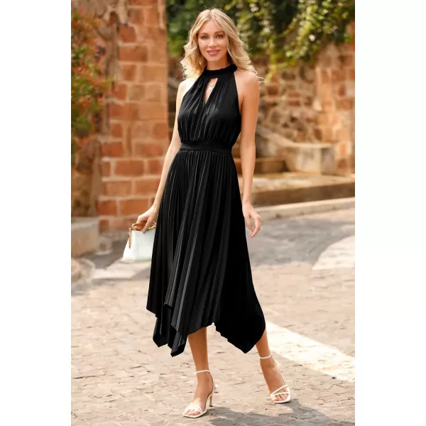 imagePRETTYGARDEN Summer Dress for Women Elegant Halter Neck Cut Out Irregular Hem Pleated Midi ALine Flowy DressesBlack