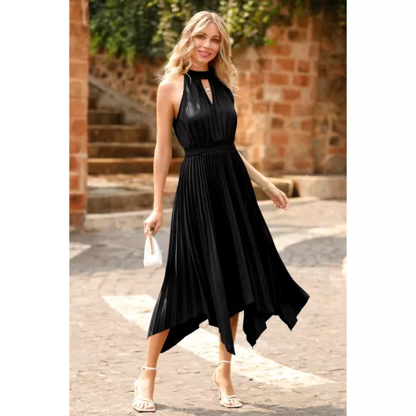 imagePRETTYGARDEN Summer Dress for Women Elegant Halter Neck Cut Out Irregular Hem Pleated Midi ALine Flowy DressesBlack