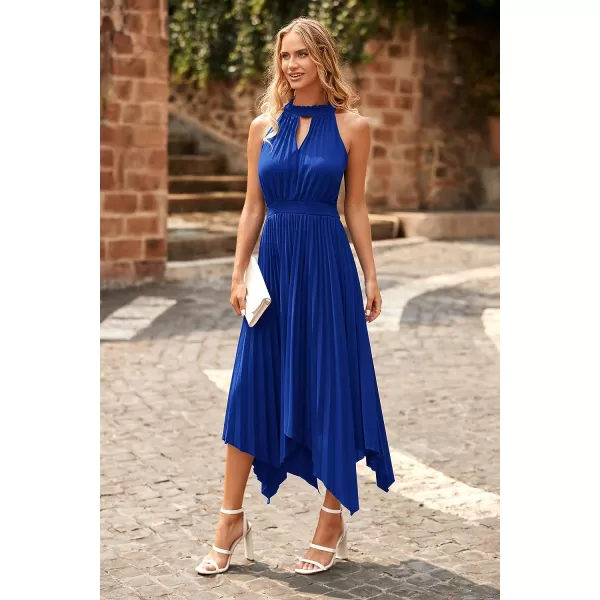 imagePRETTYGARDEN Summer Dress for Women Elegant Halter Neck Cut Out Irregular Hem Pleated Midi ALine Flowy DressesBlue