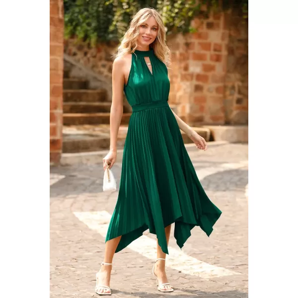 imagePRETTYGARDEN Summer Dress for Women Elegant Halter Neck Cut Out Irregular Hem Pleated Midi ALine Flowy DressesDark Green