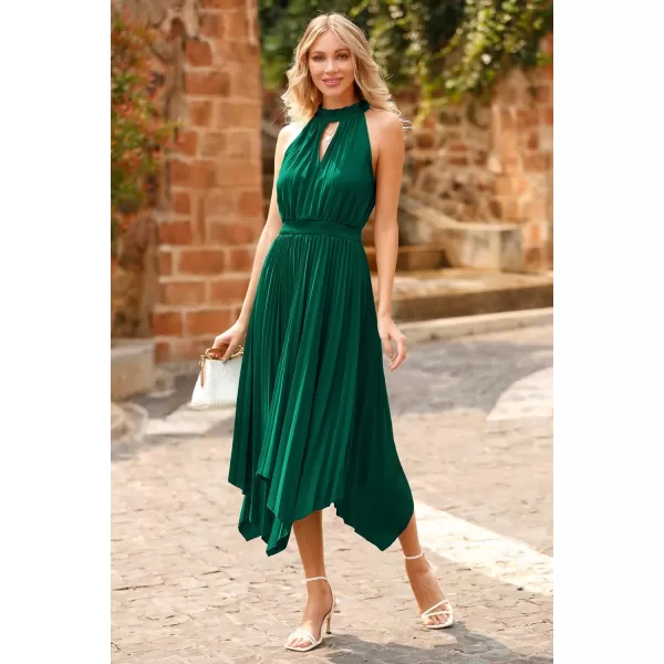 imagePRETTYGARDEN Summer Dress for Women Elegant Halter Neck Cut Out Irregular Hem Pleated Midi ALine Flowy DressesDark Green
