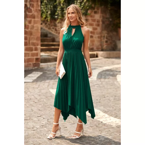 imagePRETTYGARDEN Summer Dress for Women Elegant Halter Neck Cut Out Irregular Hem Pleated Midi ALine Flowy DressesDark Green