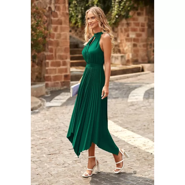 imagePRETTYGARDEN Summer Dress for Women Elegant Halter Neck Cut Out Irregular Hem Pleated Midi ALine Flowy DressesDark Green